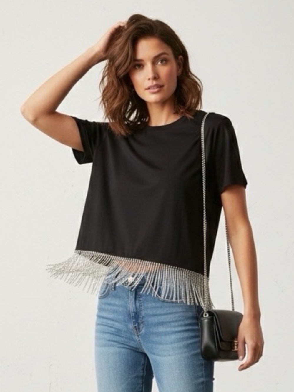 Joie Crystal Rhinestone Fringe Crop Tee • Black NWT Glam Night Out Sparkle - S